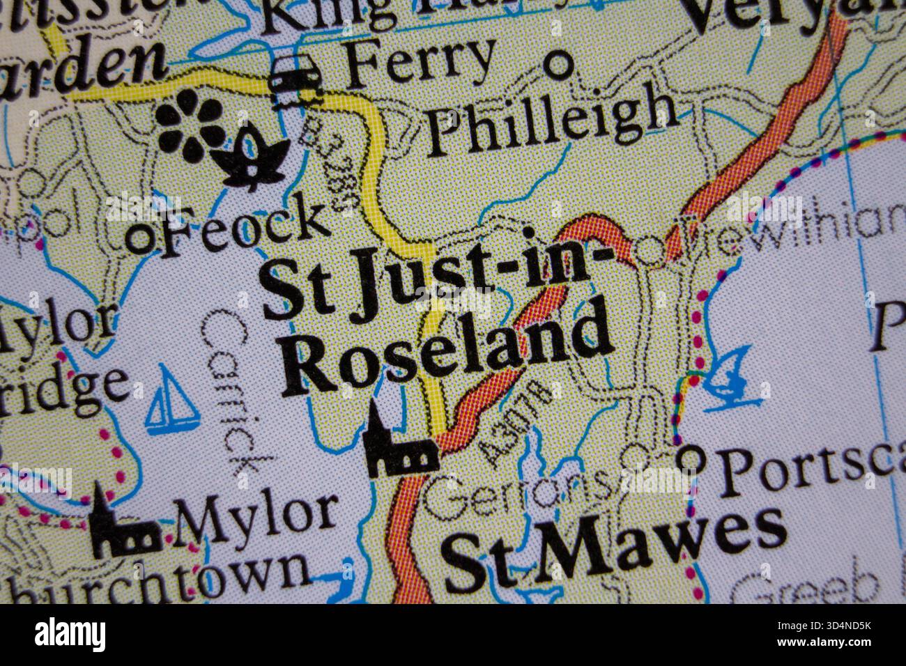 St Just-in-Roseland - England, Großbritannien Farbe atlas Karte Ortsname der Region Stockfoto