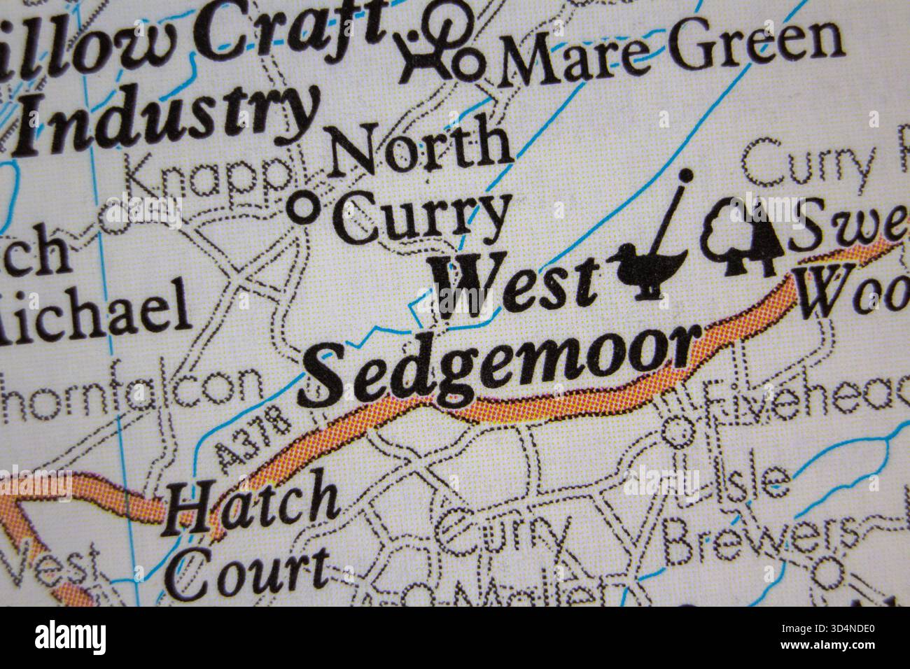 West Sedgemoor - England, Vereinigtes Königreich Farbe atlas Karte Ortsname der Region Stockfoto