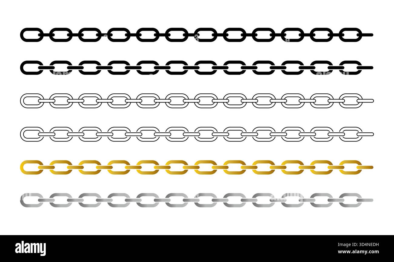 Kettenmuster in Schwarz, Umrandung, Gold und Silber. Verbindungsidee. Perfekt für Hintergründe, Ränder, Industrie- oder Schmuckdesign. Vektor. Stock Vektor