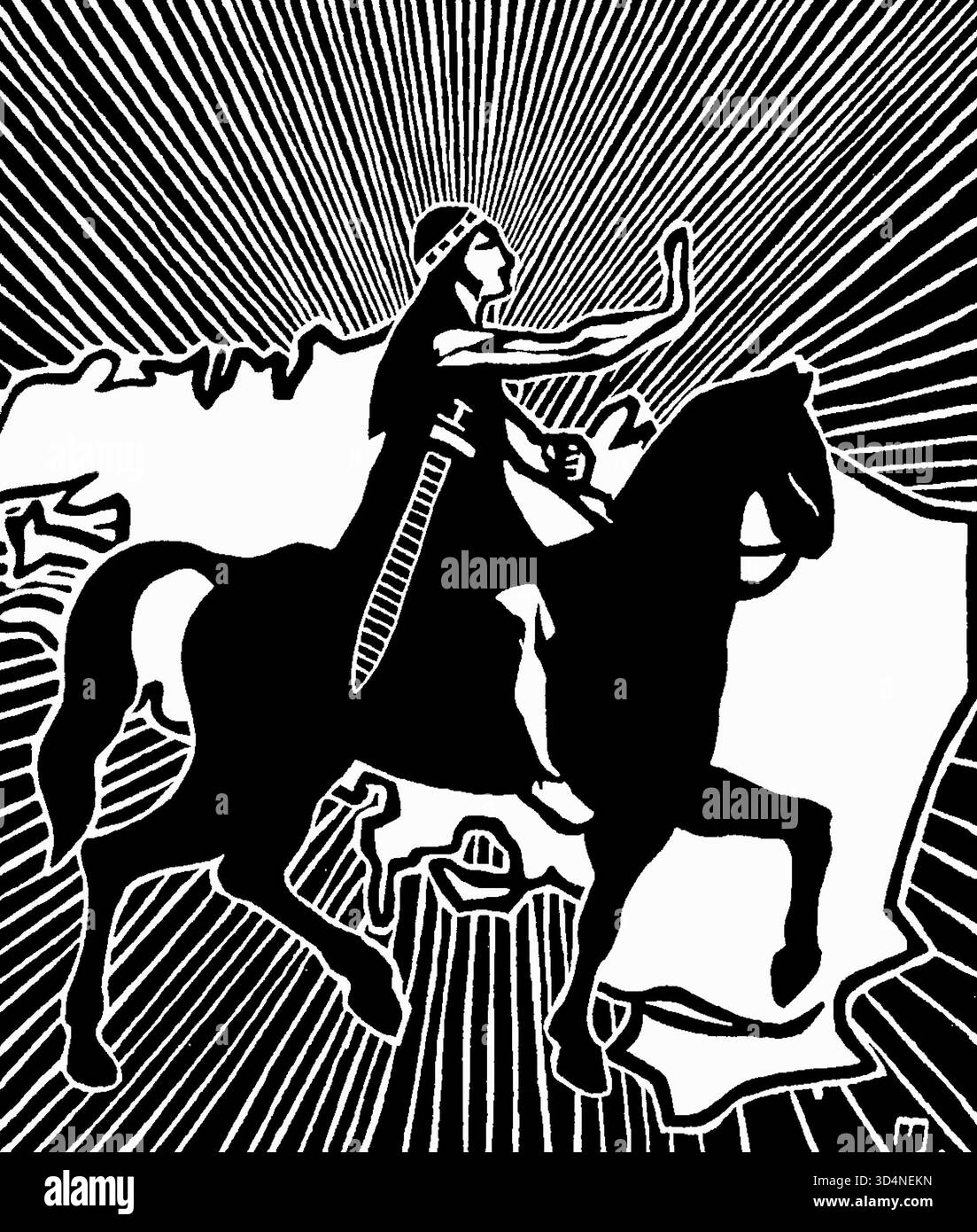 Jeanne Malivel - Nominoe Triumphant: TAD AR VRO' (Vater des Landes) - 1922 - dieses Bild ist eine Holzschnitt-Illustration, die Nominoë, den ersten Herzog der Bretagne, auf dem Pferd zeigt. Das Kunstwerk ist eine Darstellung der Schlacht von Ballon, in der Nominoë 845 die Truppen des fränkischen Königs Karl den Kahlen besiegte. Nominoë wird oft als „Vater der bretonischen Nation“ bezeichnet. Die Schlacht von Ballon war ein bedeutender Sieg, der die faktische Unabhängigkeit der Bretagne begründete. Stockfoto