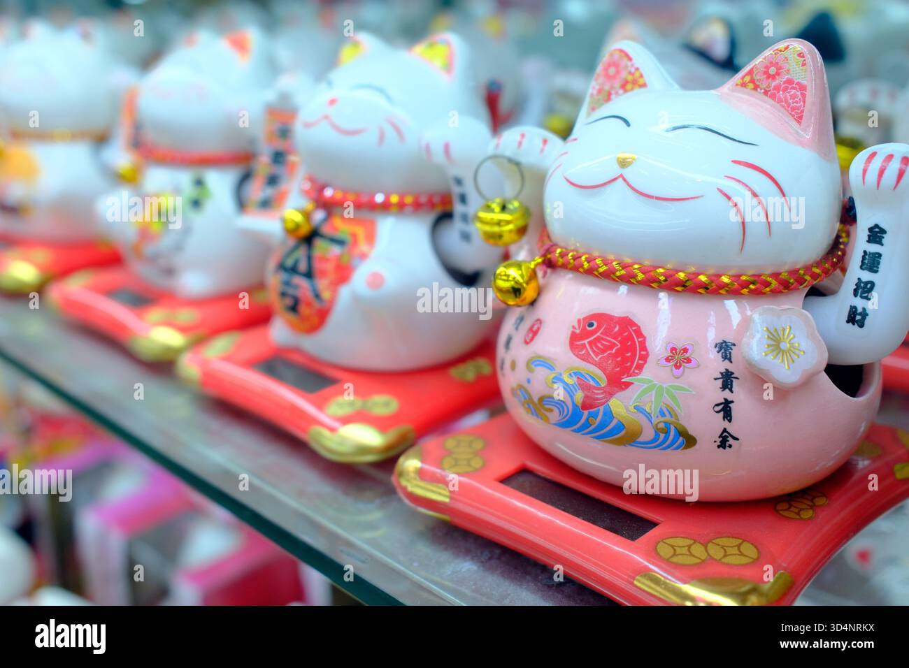 Die Maneki-neko, auch bekannt als Welcome Cat, Lucky Cat, Money Cat oder Fortune Cat. Ho-Chi-Minh-Stadt. Vietnam. Stockfoto