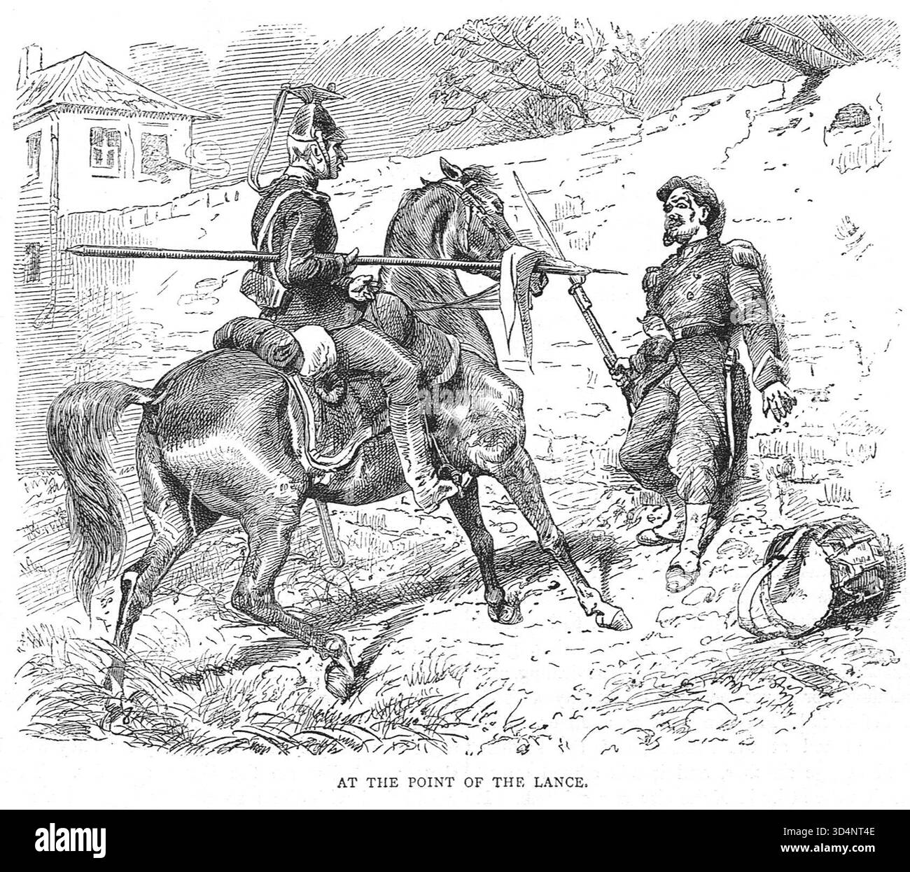 Preußischer Kavallerie hält während des Deutsch-Französischen Krieges einen französischen Infanteristen an Lanze Point. Stockfoto