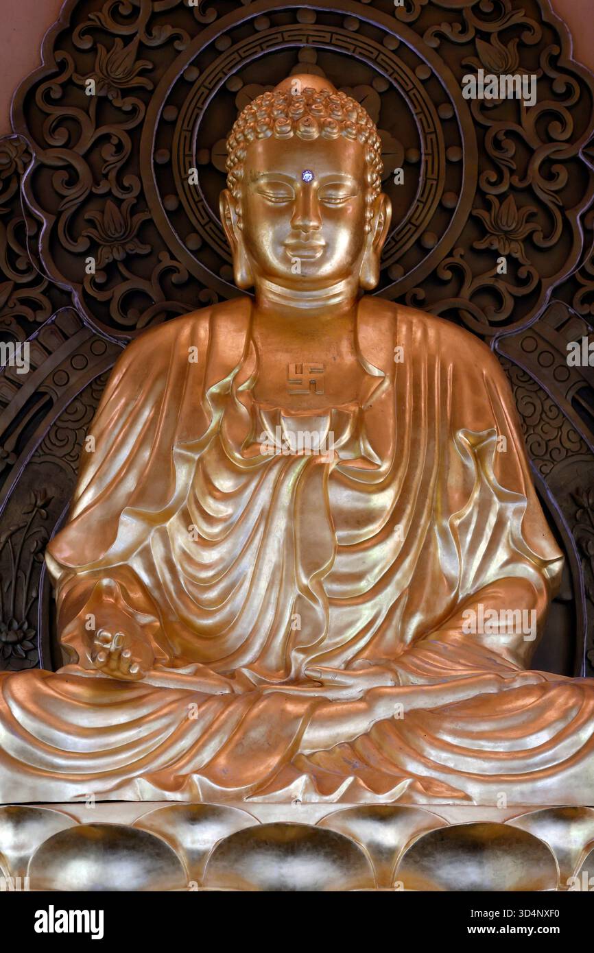 Long Duc buddhistische Pagode. Goldener Buddha auf einer offenen Lotusblume. Der Lotus ist das Symbol der Reinheit. Tan Chau. Vietnam. Long Duc buddhistische Pagode 016951 106 Stockfoto