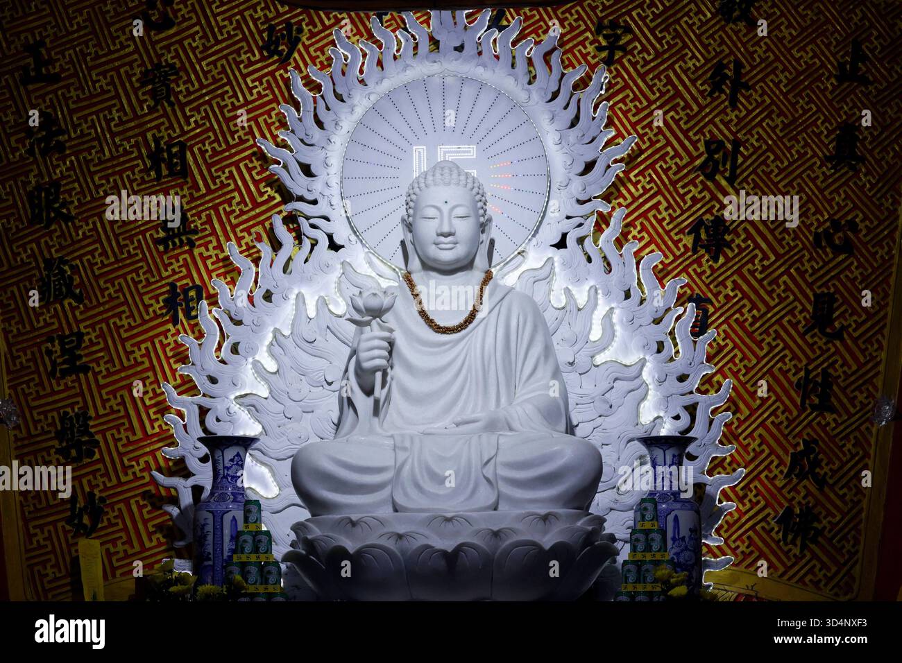 Long Duc buddhistische Pagode. Buddha sitzt auf einer offenen Lotusblume und hält auch eine in der Hand - der Lotus ist das Symbol der Reinheit. Tan Chau. Vietnam. Long Duc buddhistische Pagode 016951 105 Stockfoto