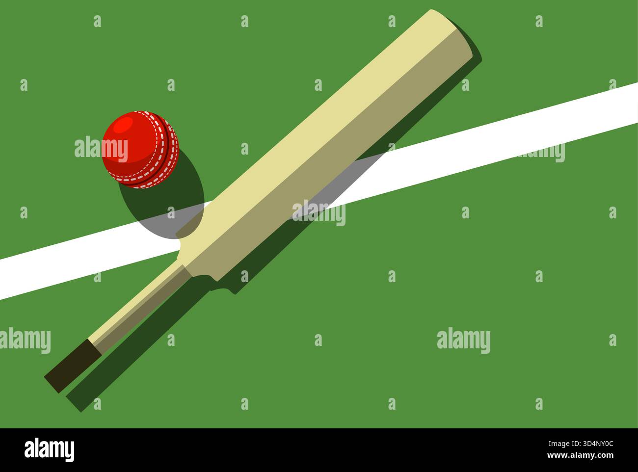 Cricketschläger und -Ball liegen auf dem Cricketfeld, Blick von oben, Sportplakat, Vektor Stock Vektor