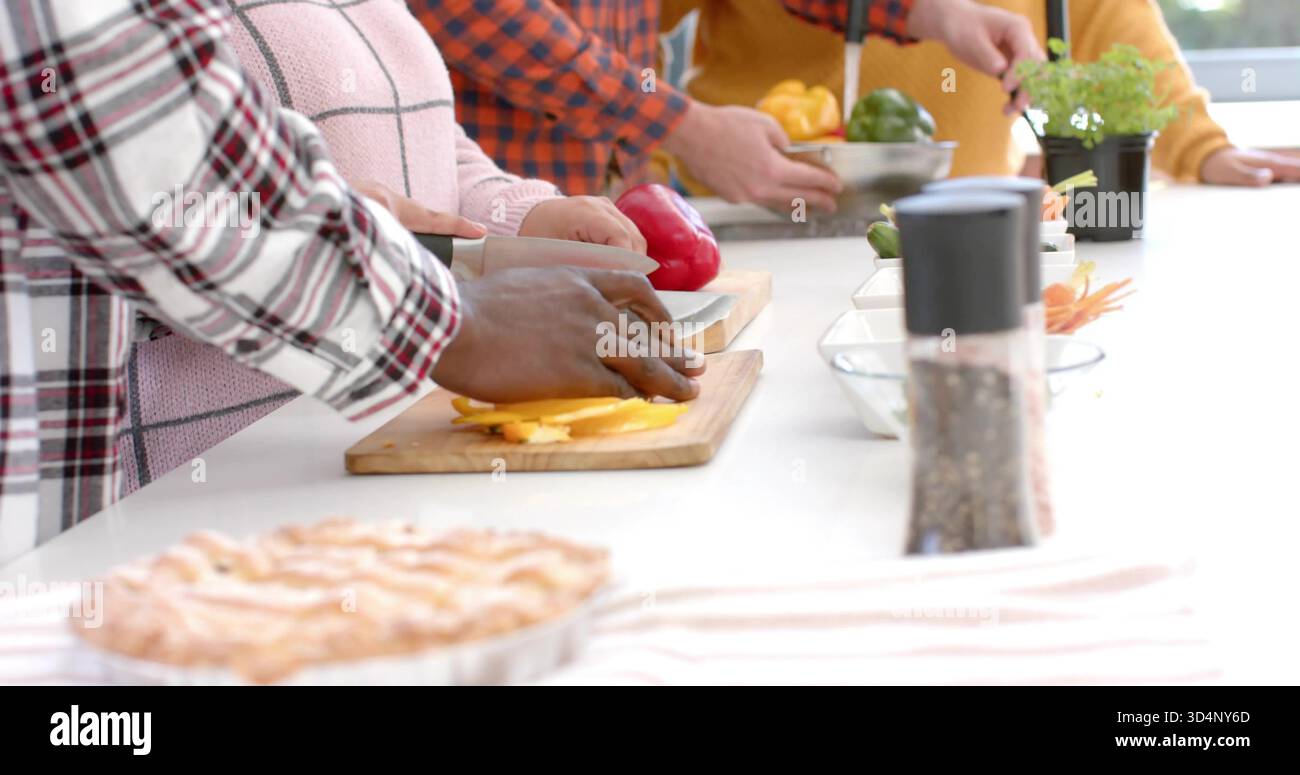 Hackfleisch, vier Köche tragen karierte Hemden und Senfoberteil an der Küchentheke mit Brettern, Kuchen Stockfoto
