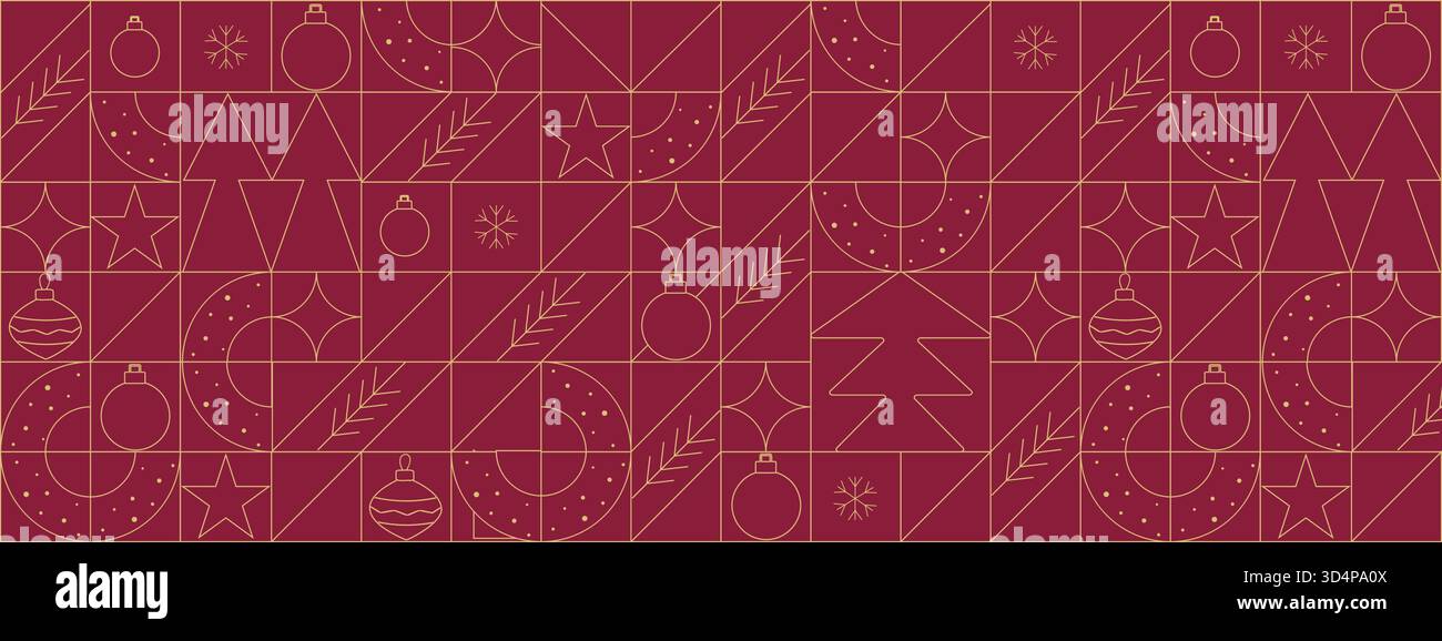 Frohe Weihnachten und Happy New Year geometrischer Hintergrund im Linienstil. Modernes Muster mit minimalistischen goldenen Weihnachtssymbolen. Trendiges luxuriöses Weihnachtsdesign für Banner, Karte, Cover, Poster. Vektorabbildung Stock Vektor