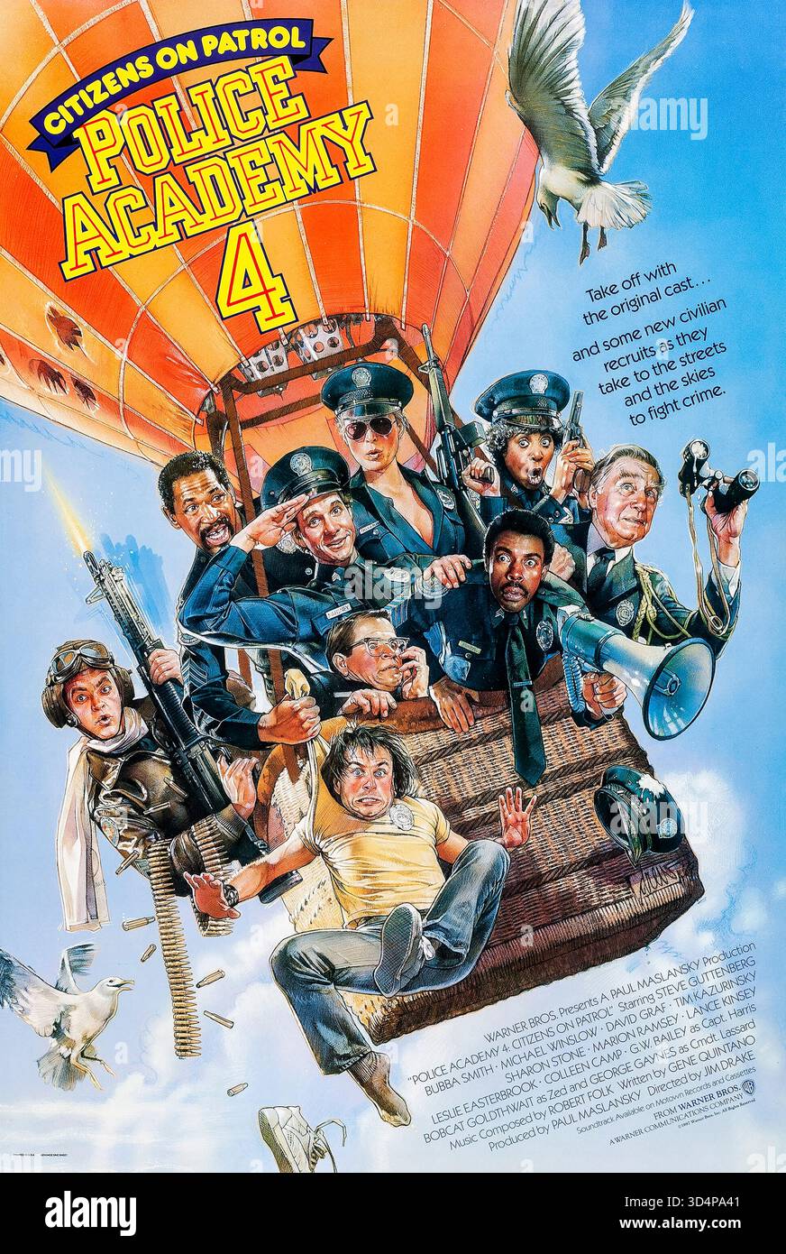 Police Academy 4: Citizens on Patrol (1987) unter der Regie von Jim Drake mit Steve Guttenberg, Bubba Smith und David Spade. Polizeiabsolventen trainieren zivile Freiwillige für Gemeindepatrouillen in einem Städteexperiment. Foto eines Original-Posters aus dem Jahr 1987 mit einem Blatt, das NUR ZUR REDAKTIONELLEN VERWENDUNG VON Drew Struzan VERWENDET WIRD. Quelle: BFA / Warner Bros Stockfoto