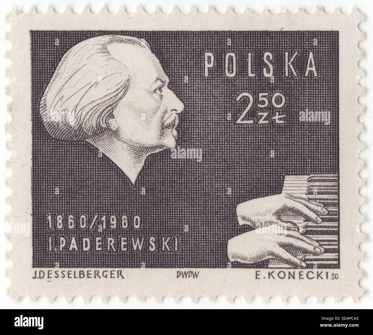 POLEN — 26. September 1960: 2,50 Zloty schwarze Briefmarke mit Porträt von Ignacy Jan Paderewski. Zum 100. Geburtstag von Ignacy Jan Paderewski, Staatsmann und Musiker. Er war ein polnischer Pianist, Komponist und Politiker, der ein Sprecher der polnischen Unabhängigkeit war. 1919 war er Premierminister und Außenminister, während dessen er den Vertrag von Versailles unterzeichnete, der den Ersten Weltkrieg beendete. Sein musikalischer Ruhm, der bei Konzertpublikum auf der ganzen Welt beliebt ist, eröffnete den Zugang zu Diplomatie und Medien, ebenso wie sein Status als Freimaurer und die karitative Arbeit seiner Frau Helena Paderewska Stockfoto