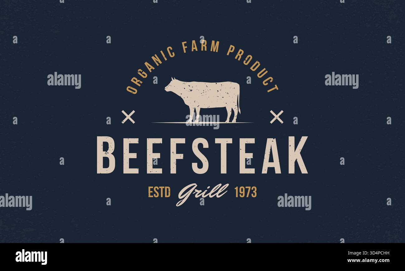 Rindfleisch, Kuh-Logo. Beef Steak trendiges Logo, Emblem, Poster mit Kuh, Bullen-Silhouette. Grafische Emblem-Vorlage für Grill, grill, Steakhaus, Restaurant, aber Stock Vektor