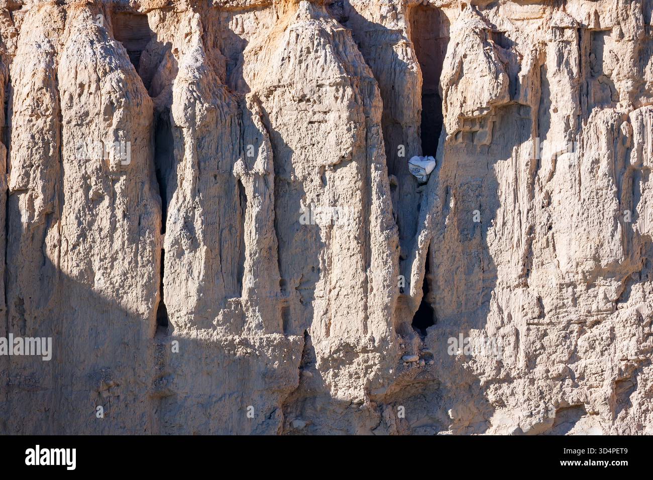 Eine abstrakte Komposition aus dicht gepackten, vertikalen Säulen aus erodiertem Sedimentgestein, geformt von Wasser und Wind, mit tiefen, vertieften Schatten Creatin Stockfoto