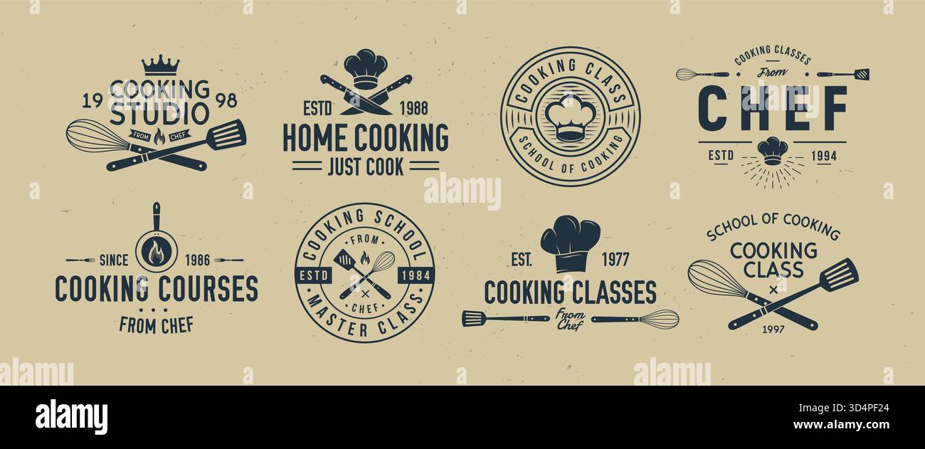 Logosatz für Kochkurs. 8 Kochkurse Embleme Vorlagen. Logo, Poster-Set für Food Studio, Kochschule. Stock Vektor