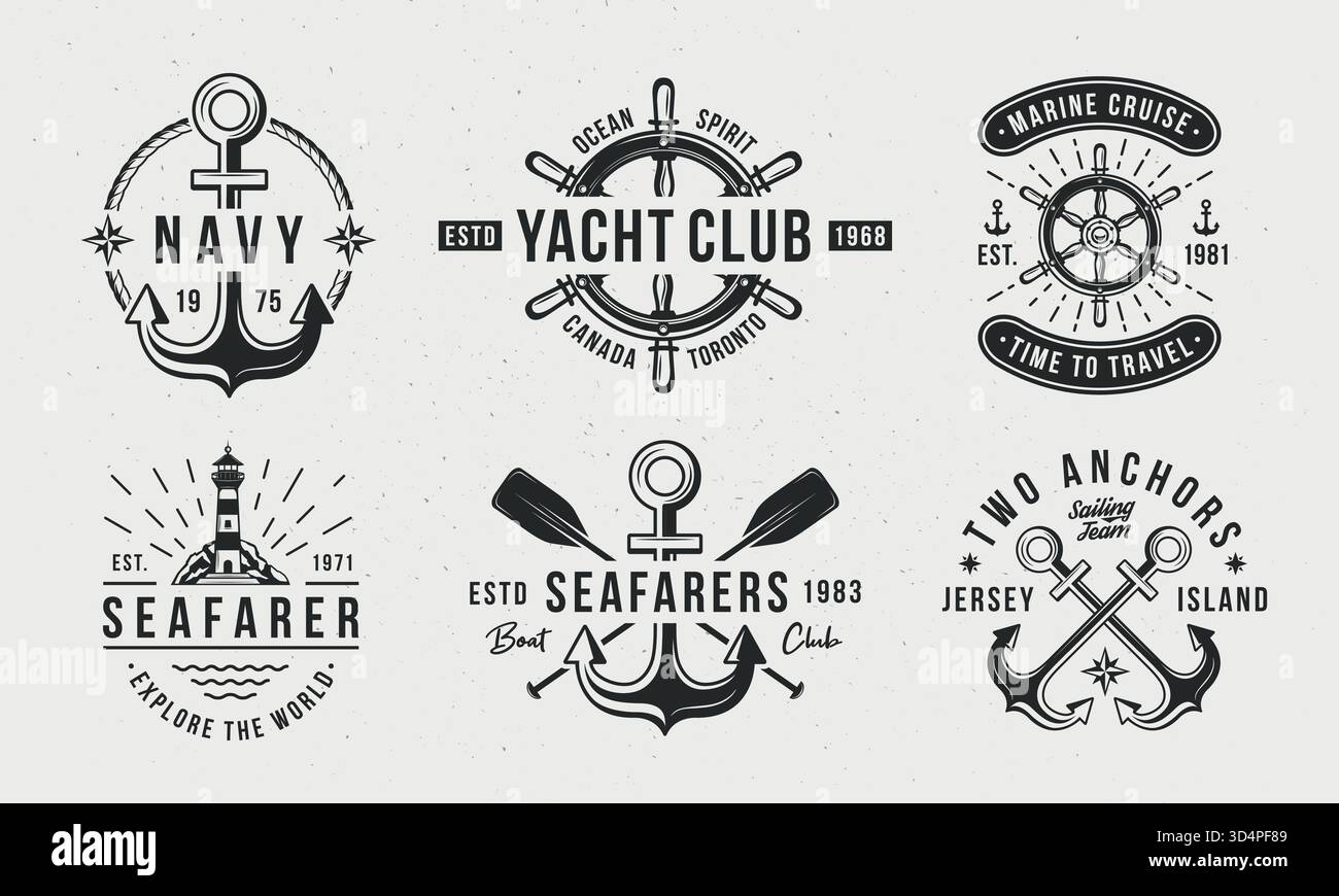 Nautisches Vintage-Logo-Set. Nautische Embleme für T-Shirt, Banner und Poster. Anker, Sea Wheel, Leuchtturmsymbole. Trendiges Hipster-Design. Marinelabor Stock Vektor