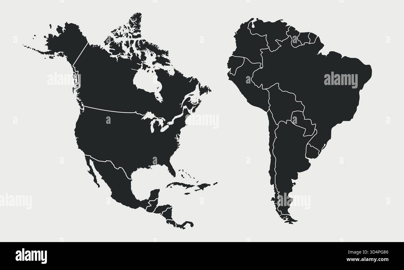 Nord- und Südamerika-Karte isoliert auf weißem Hintergrund. Karte Nordamerika mit Regionen. Karten USA, Kanada, Mexiko, Brasilien, Argentinien. Vektorillustra Stock Vektor