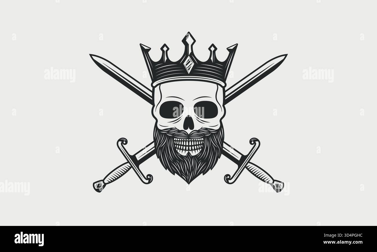 Totenkönig-Logo, Emblem. Schädel mit Bart, Krone und zwei gekreuzten Schwertern auf dem Hintergrund. Skelett King. Vintage-Muster für T-Shirt und Tattoo. Vektorillust Stock Vektor
