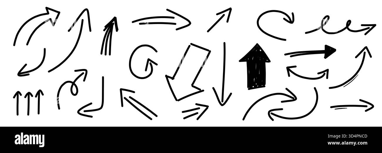 Abbildung: Pfeilsatz. Sammlung von Richtungselementen, handgezeichnete Symbole isoliert auf weiß Stockfoto