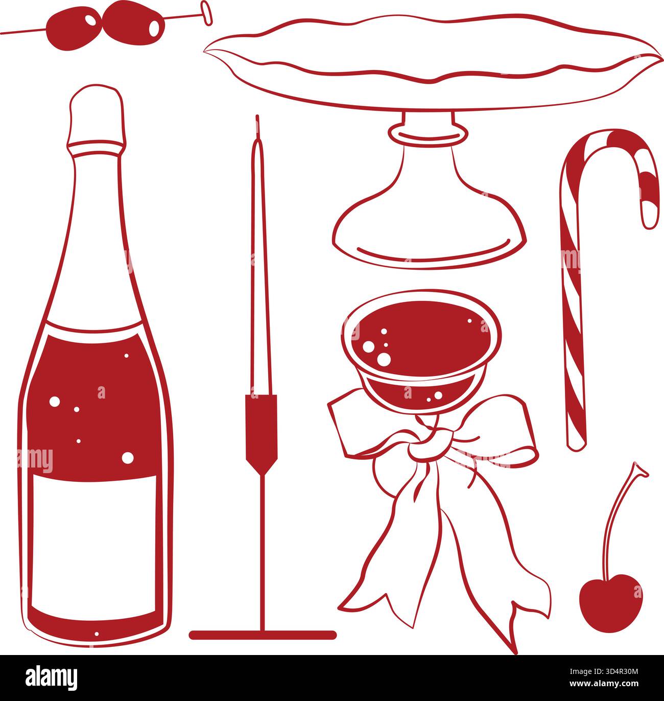Weihnachtsessen, handgezeichnete Sektflasche, Kerze, Glas mit Schleife, Schüssel, Kirsche, Oliven, Zuckerrohr in roter Farbe Stock Vektor