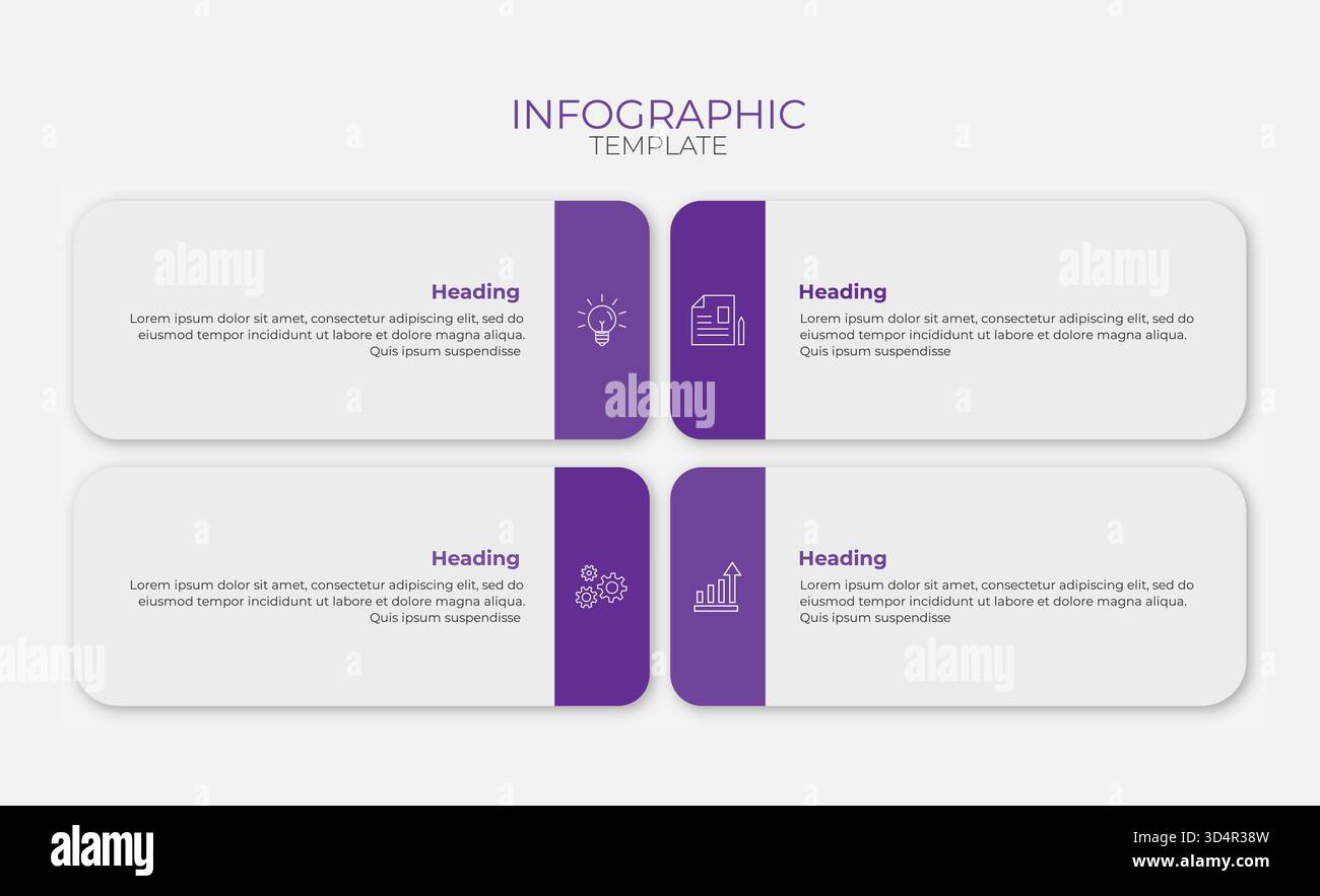 Infografik-Vorlage mit 4 Optionen, Schritten oder Funktionen. Modernes Business Design für Prozessdiagramme, Präsentationen und Unternehmensberichte. Vektor Stock Vektor