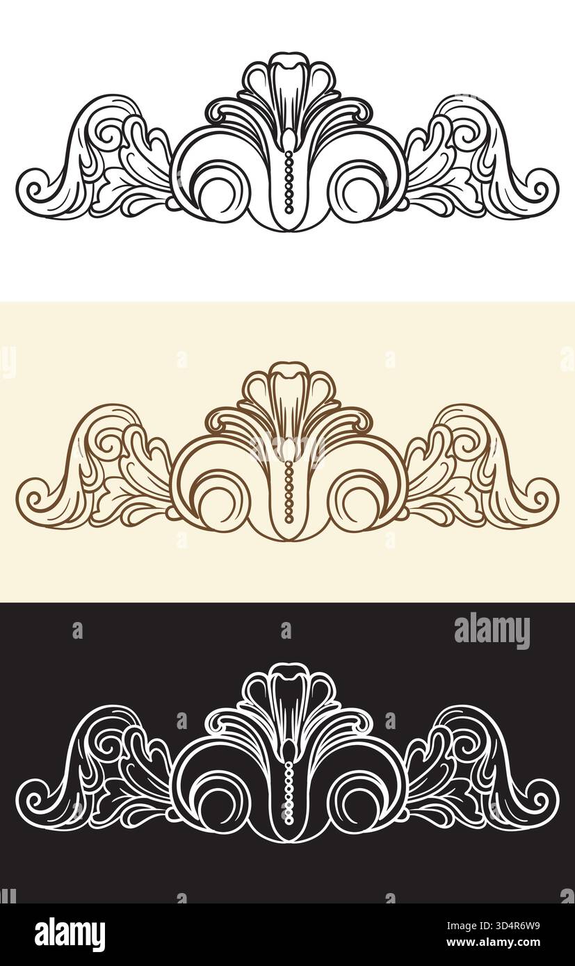 Bildlauf kalligraphische, kunstvolle Motive und Designelemente. Vintage Damast filigrane Hochzeitsschmuck. Retro-Muster gravieren. Vektorabbildung. Für Stock Vektor