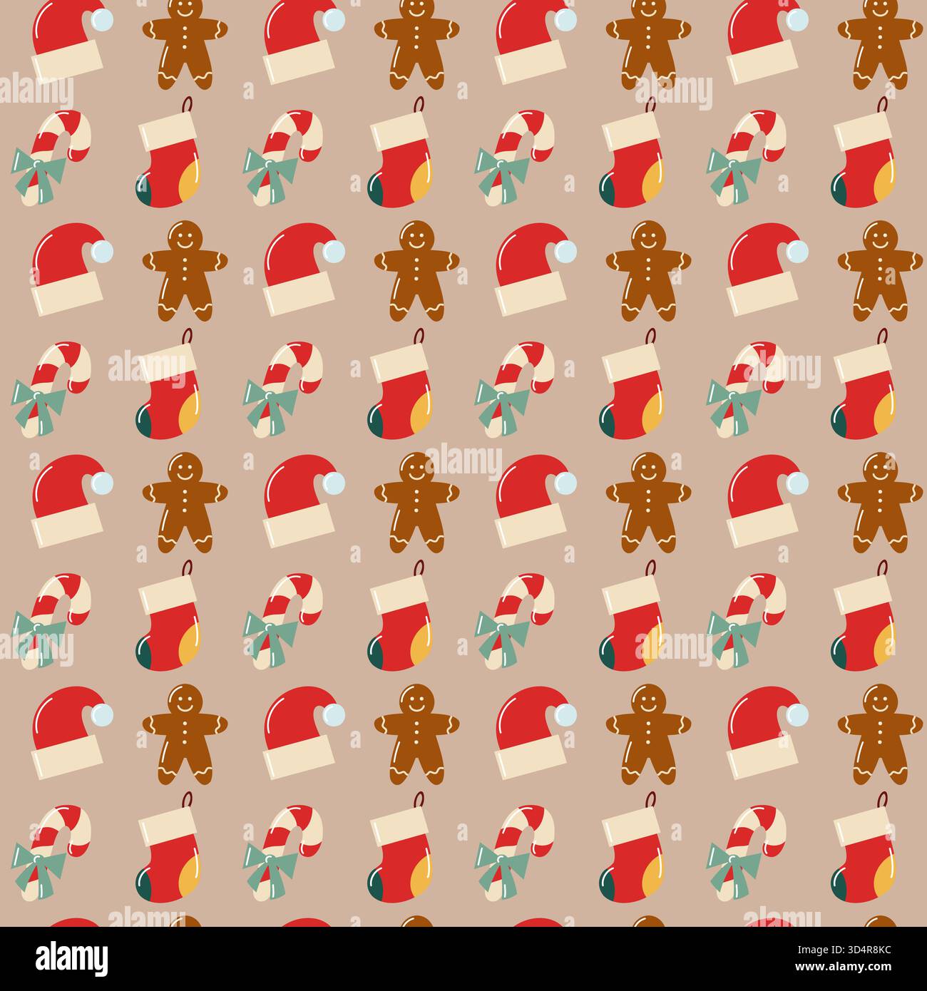 Nahtloses Muster mit Lebkuchen, Weihnachtsmütze, Strumpf, Süßigkeiten und Schleife. Vektor festlicher Feiertagshintergrund. Stock Vektor