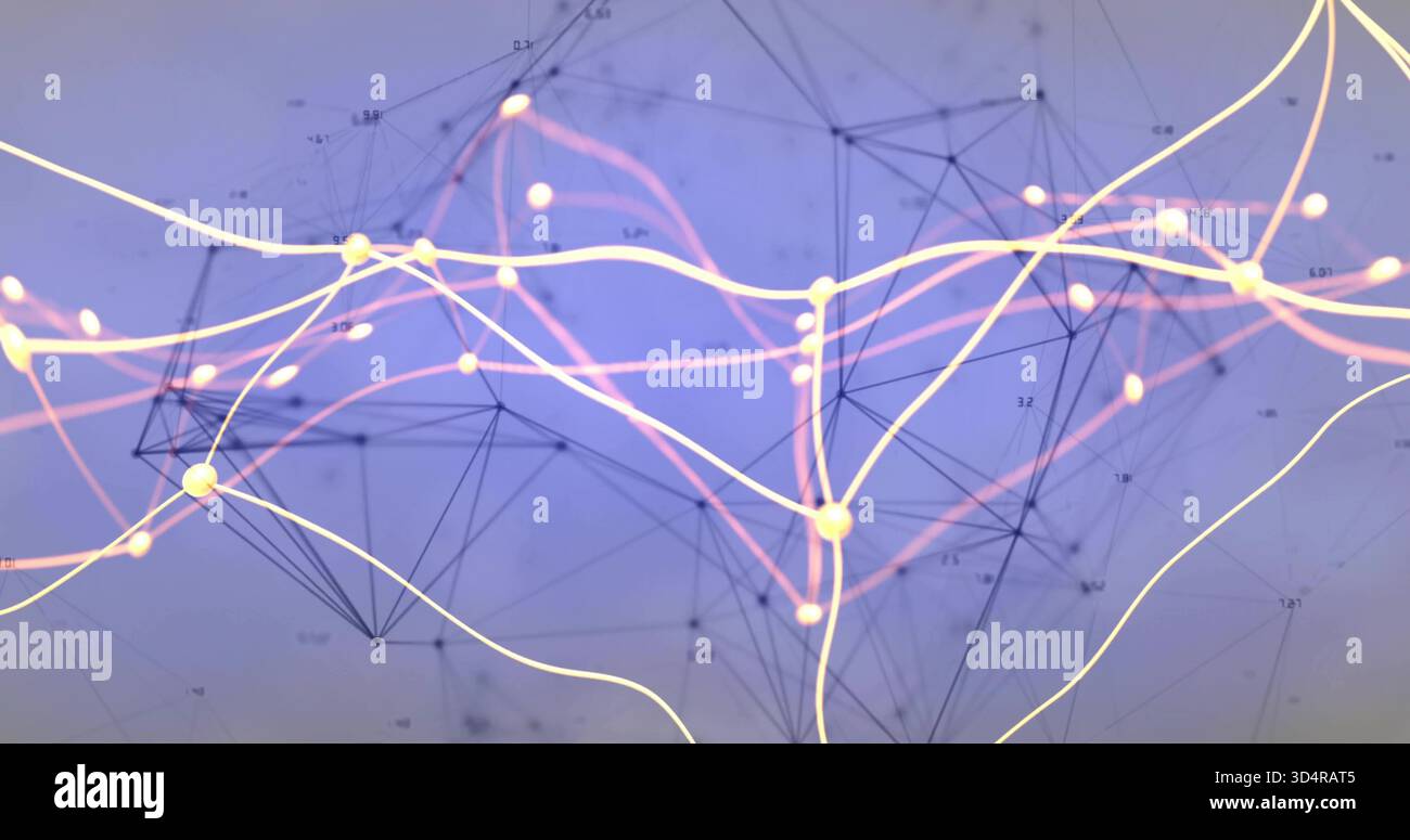 Fließendes Netzwerk, das sich durch blau-violette Kulisse mit leuchtenden Knoten und Lichtspuren schlängelt Stockfoto