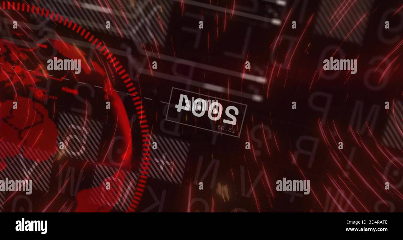 Anzeige des zentralen Etiketts mit umgekehrter „2004“ in der Übertragung, mit Globus, Radarring, roten Streifen Stockfoto