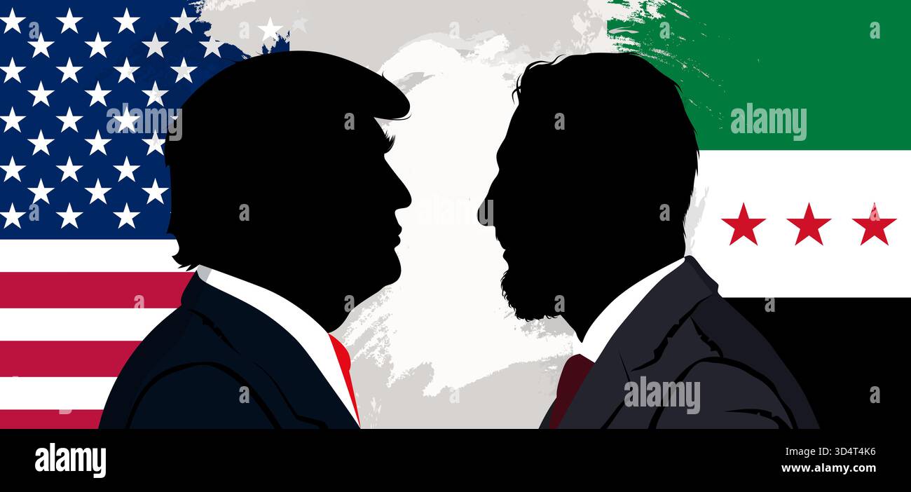 Abbildung: Al Sharaa und Donald Trump stehen einander gegenüber mit syrischen und US-amerikanischen Flaggen im Hintergrund. Stockfoto