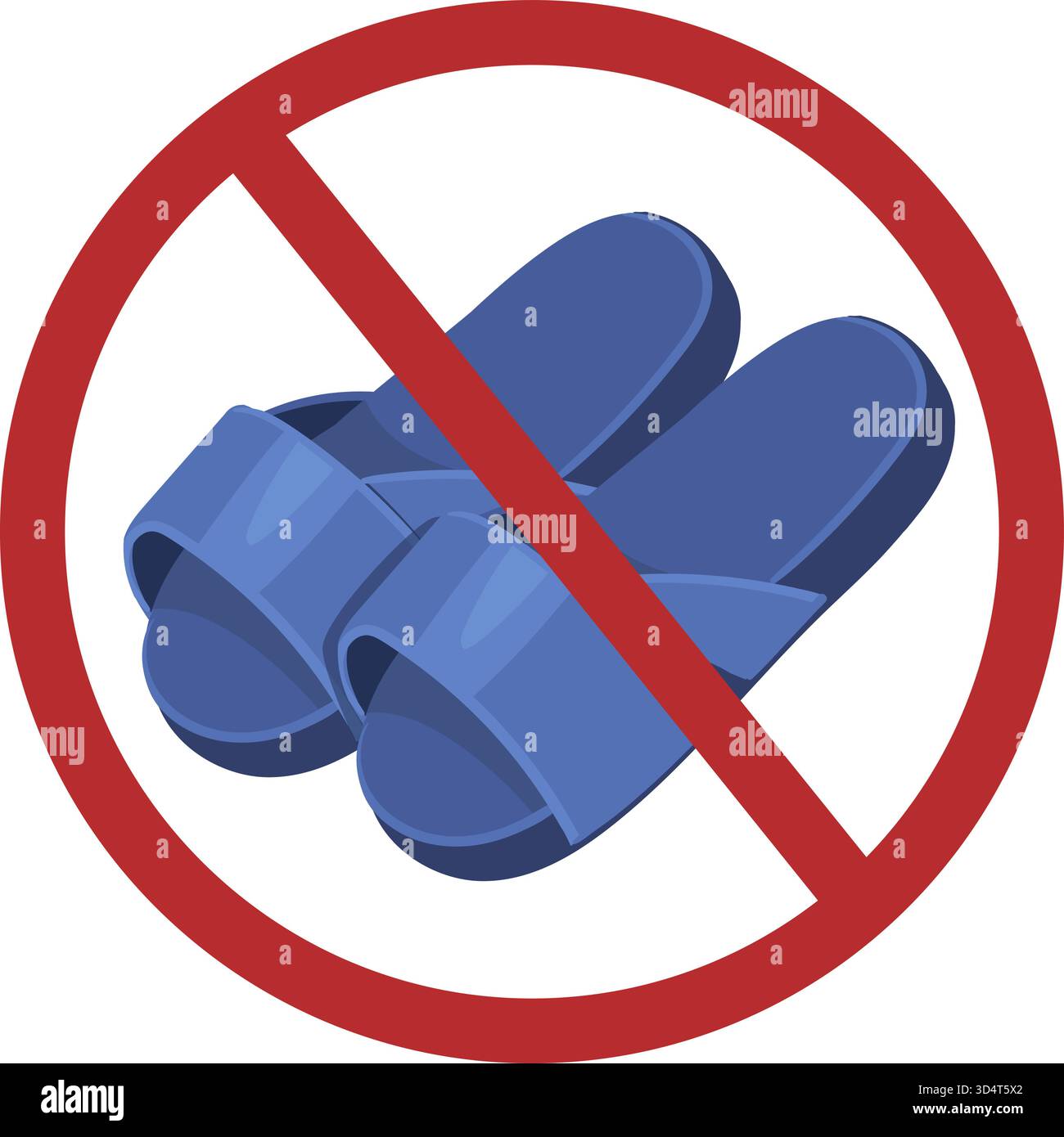 Schild, das das Tragen von Flipflops verbietet. Hausschuhe Sommerschuhe in rot durchgestrichenem Kreis. Bequeme Schuhe. Eingeschränkte Strandschuhe. Stoppsymbol. Disa Stock Vektor