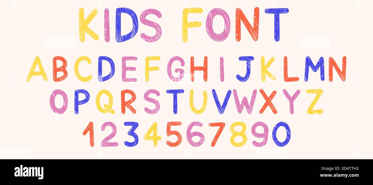 Buntstift-Kinderschrift mit handgeschriebenen Buchstaben. Handgezeichnete Kreide- und Bleistiftstruktur Stock Vektor