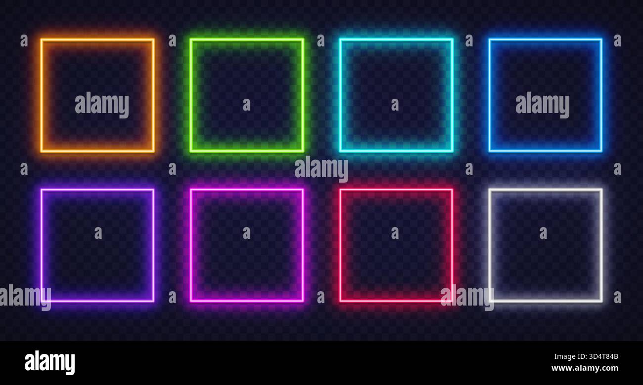 Set aus leuchtenden quadratischen Neonrahmen in hellen Farben auf transparentem Hintergrund. Modernes futuristisches Design, perfekt für digitale Schnittstellen, Anzeigen oder Stock Vektor