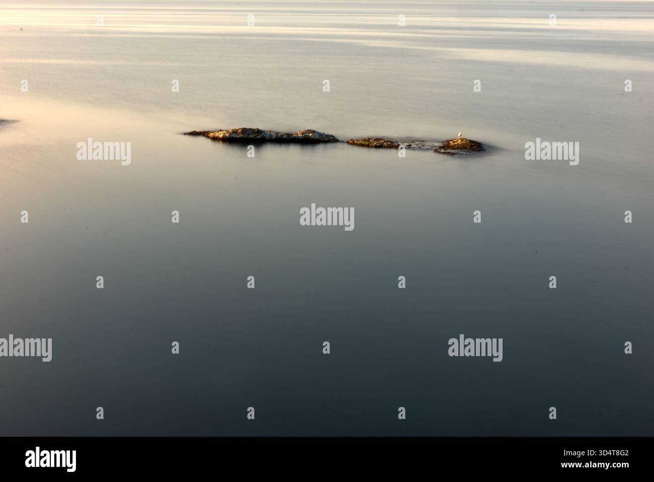 Eine minimalistische und ruhige Komposition mit einer kleinen, dunklen, felsigen Insel, die sanft die Oberfläche des ruhigen, glatten Wassers bricht. Das gestreute Licht nea Stockfoto