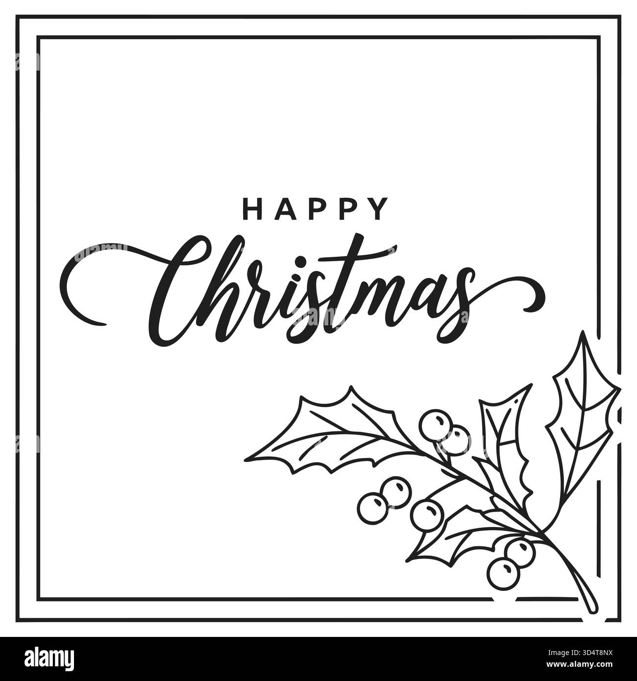 Eleganter Gruß mit „Happy Christmas“-Schriftzug in Schwarz-weiß mit minimalem botanischem Akzent – perfekt für moderne Posts und Karten im Weihnachtsgeschäft. Stock Vektor
