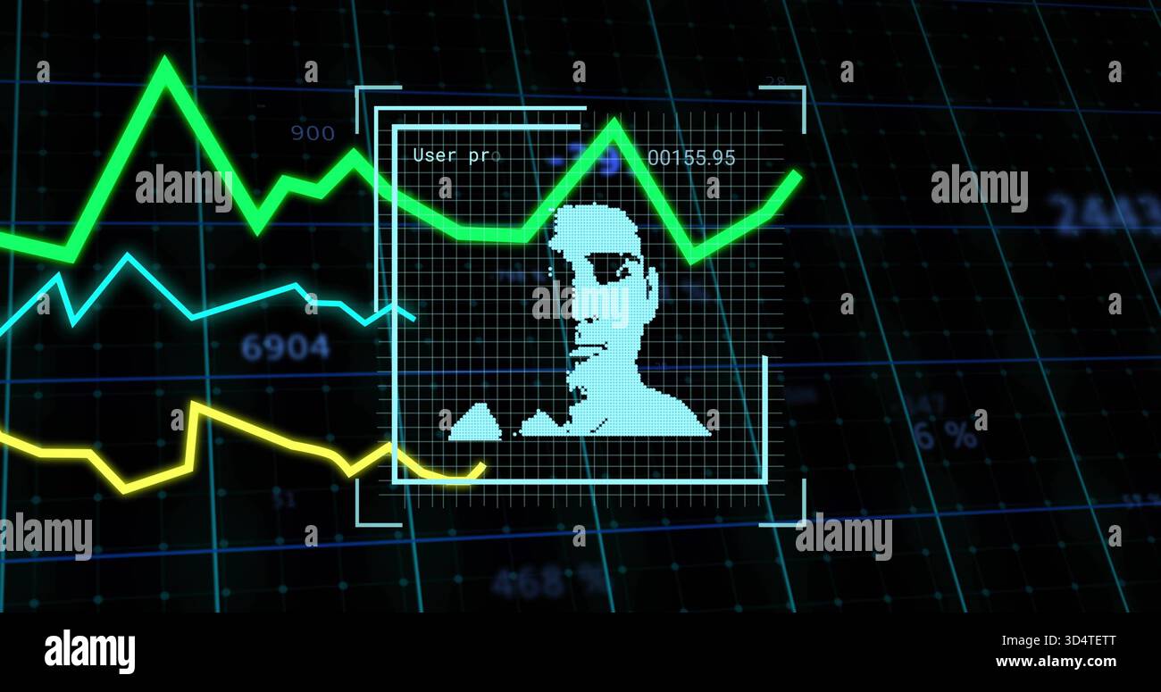 Anzeige des im Erkennungsfeld leuchtenden Pixel-Art-Gesichtsavatars auf dem HUD mit Neonkurven Stockfoto