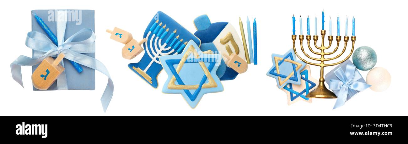 Set, farbenfrohes Hanukkah Dekor und Leckereien Collage, isoliert, PNG Stockfoto