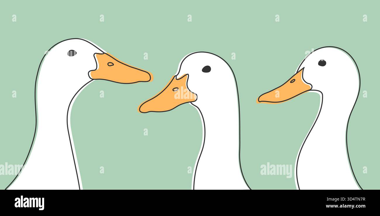 Drei handgezeichnete Doodle Enten mit verdächtigem Aussehen. Neugierige Entengesichter. Vektorabbildung Stock Vektor