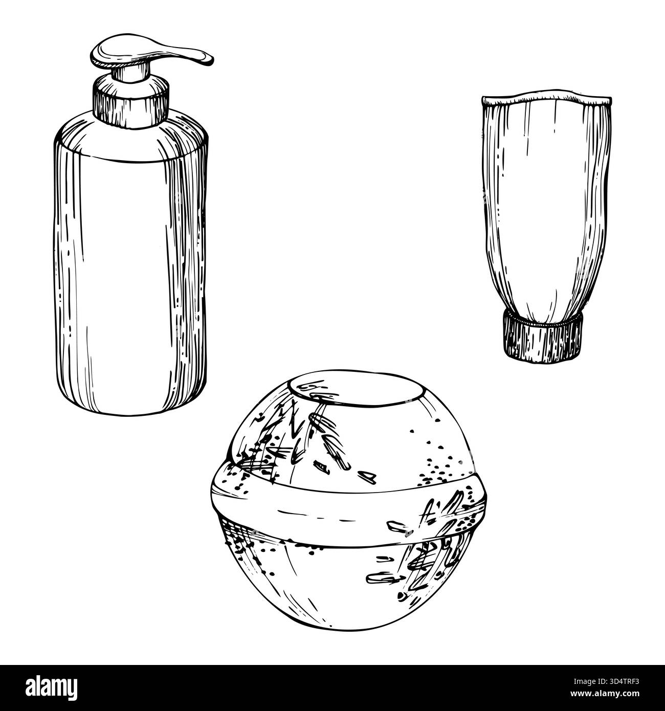 Kosmetikflaschen für Shampoo, Gel oder Creme, Lavendelheidekraut-Badbomben mit infundierten getrockneten Blütenblättern Samen, handgezeichnet in Vektortinte. Einfach Stock Vektor