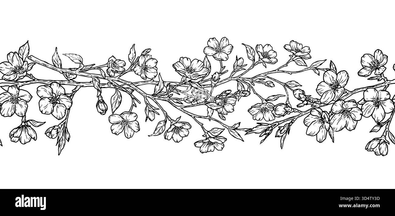 Blumenrand von Kirschblütenzweigen, Skizze. Vektorabbildung. Nahtloses Blumenmuster isoliert auf weißem Hintergrund. Geeignet für Karten, Inv Stock Vektor