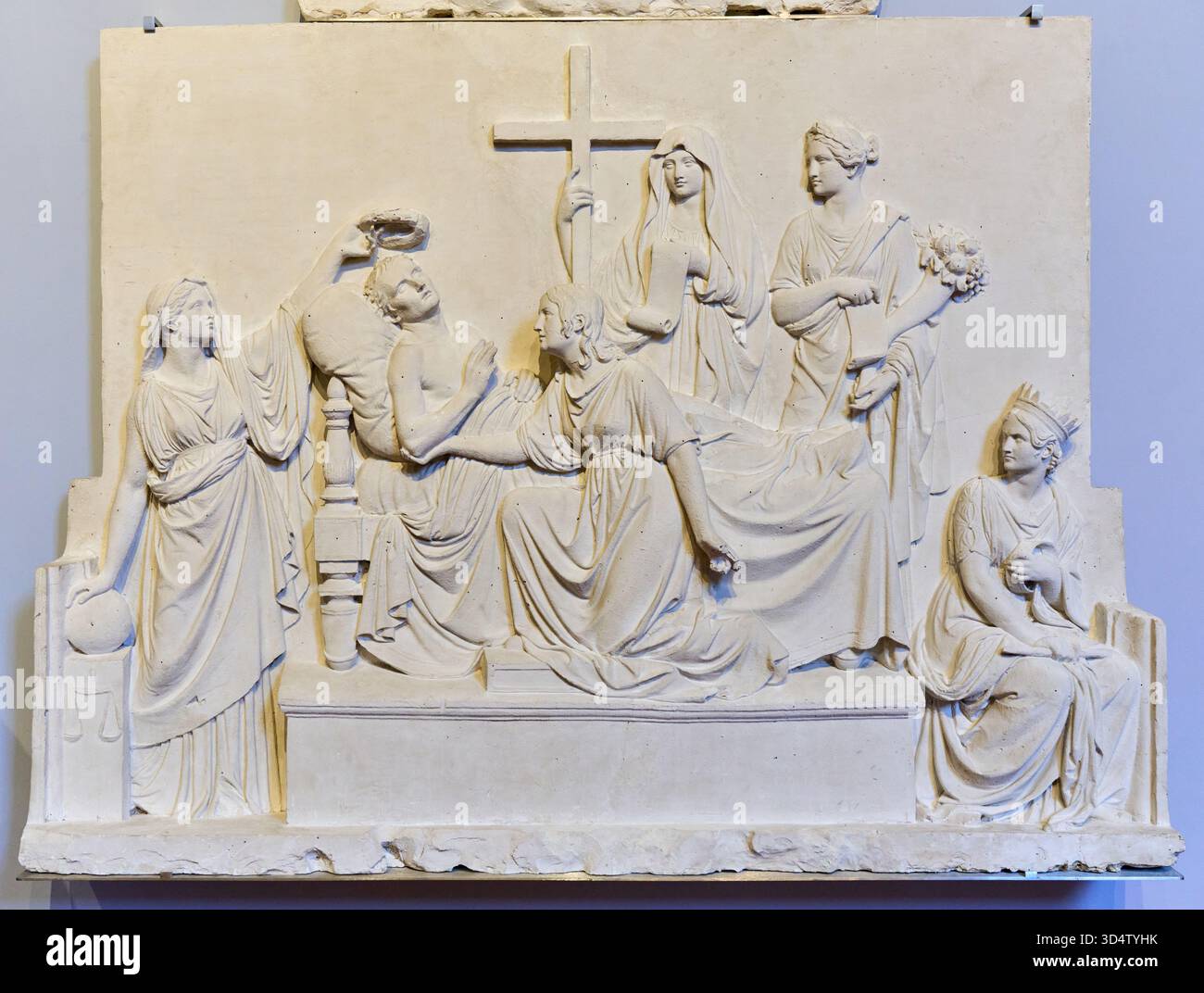 Grabdenkmal für Lucien Bonaparte, Prinz von Canino (Reliefs: Lucien Bonaparte sterbend und St. Peter), Modell in Gips, 1840-1847, LUIGI PAMPALONI (Florenz, 1791-1847), Gipsoteca, Gipsgussgalerie, Galleria dell'Accademia, Florenz, Firenze, Toskana, Italien. Stockfoto