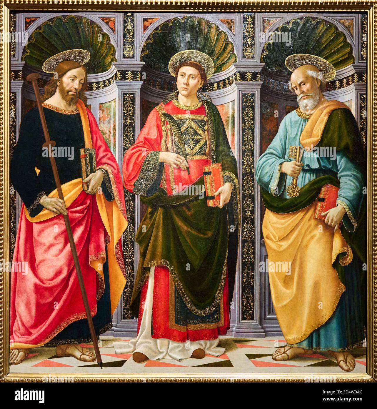 St. Jakob der große, St. Stephan und St. Peter, Tempera auf Holztafel, 1493, DOMENICO BIGORDI bekannt als IL GHIRLANDAIO (Firenze, 1449-1494), Galleria dell'Accademia, Florenz, Firenze, Toskana, Italien. Stockfoto