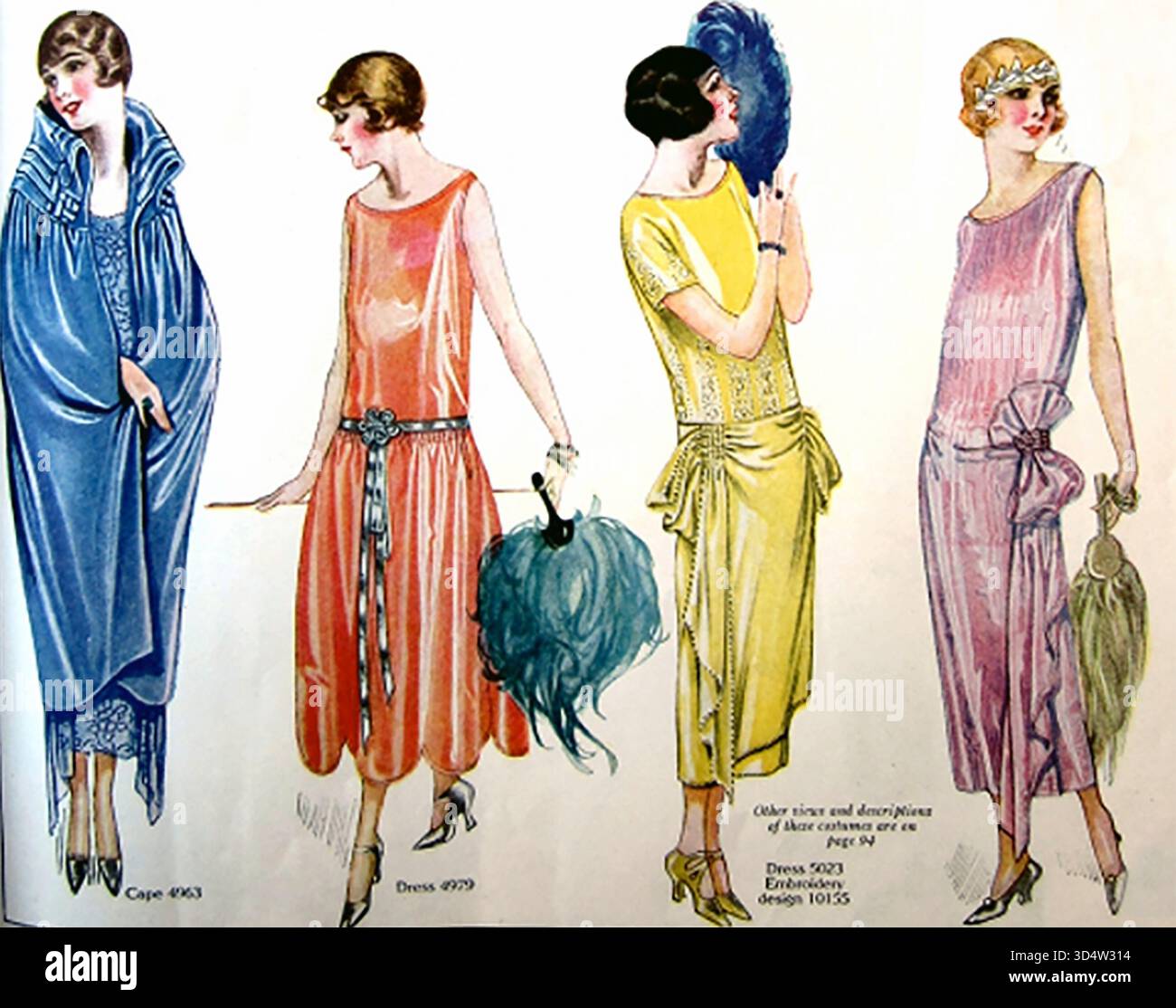 TWENTIES STELLT im Februar 1924 Eine Seite des amerikanischen Delineator-Magazins HER, auf der verschiedene Abendkleider gezeigt werden, darunter ein Abendkleid links. Stockfoto