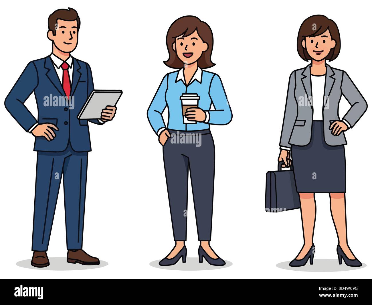 Cartoon-Illustration von drei Geschäftsleuten, die zusammen in formeller Bürokleidung stehen Stock Vektor