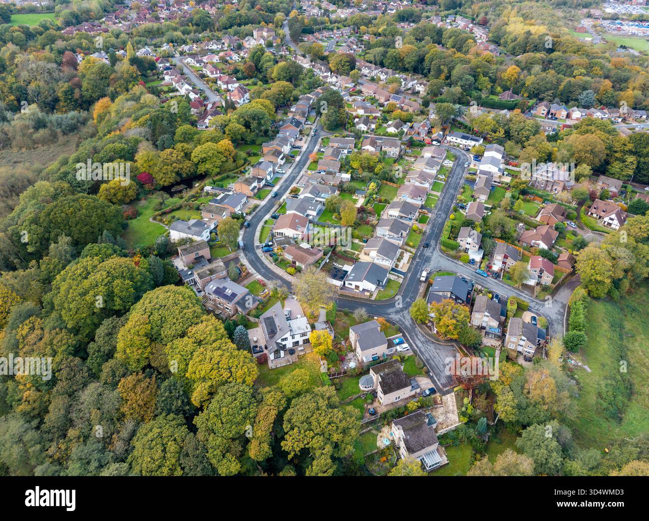 Vorstadthäuser in einer Sackgasse, Wirral, England. Häuser mit Gärten um die Straße herum angeordnet Stockfoto