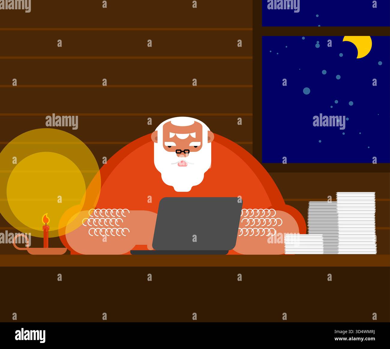 Der Weihnachtsmann arbeitet spät in der Nacht auf einem Laptop. Moderne Weihnachtsillustration über Feiertage und Fernarbeit. Stock Vektor