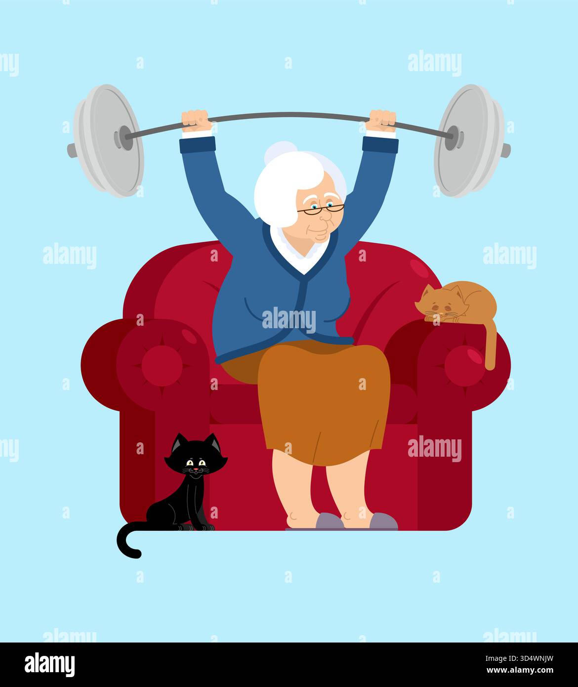 Ältere Frau (Großmutter), die auf einem Sofa sitzt und eine schwere Langhantel hebt. Konzept des aktiven Alterns, Fitness, Gesundheit, Kraft oder Humor. Stock Vektor