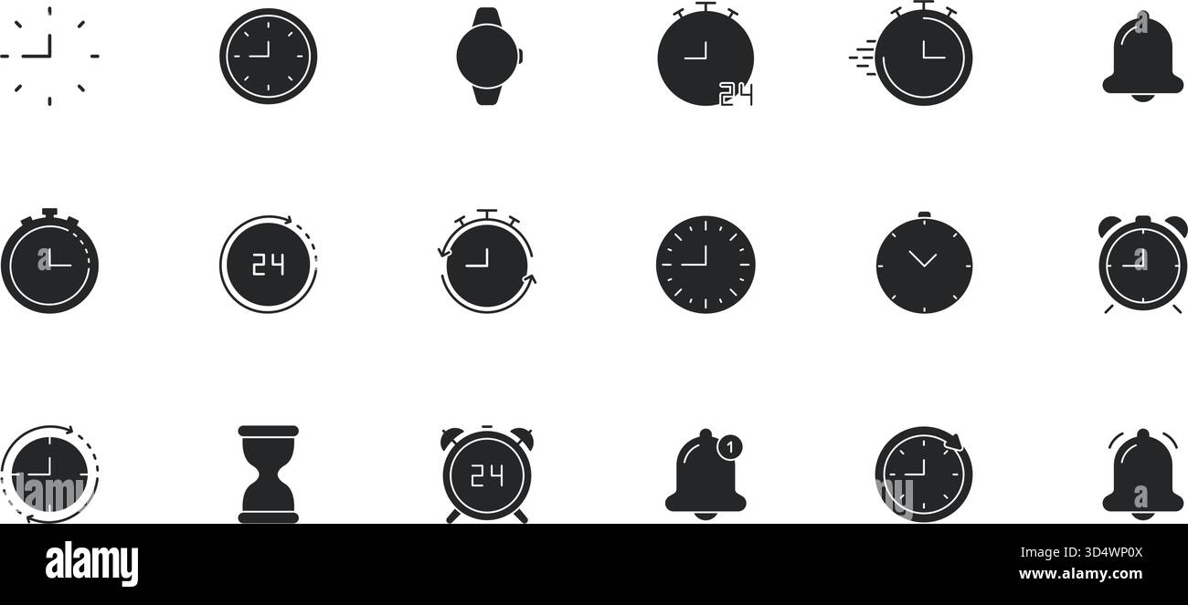 Uhrzeit Und Timer-Symbol Eingestellt. Zeitmanagement, Alarm Und Stoppuhr Silhouette Symbol Collection. Verschiedene Uhrentwürfe Für Planung Und Erinnerungen Stock Vektor