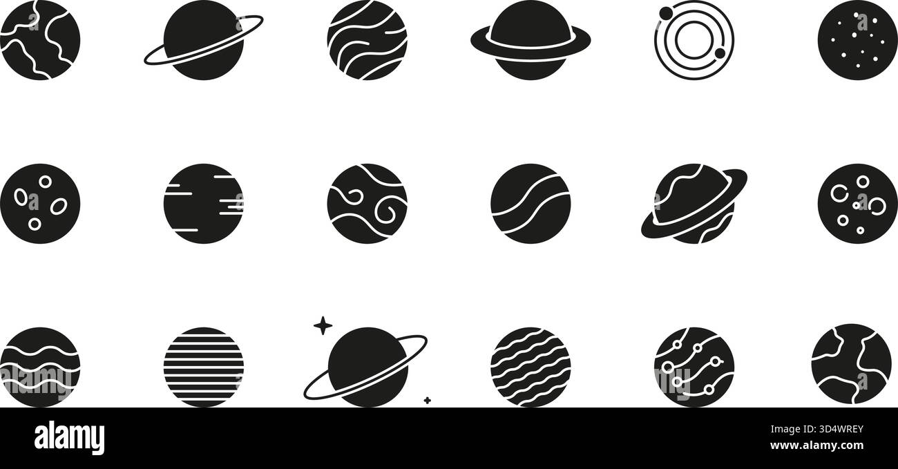 Set von Symbolen für die Planetensilhouette. Weltraumplanet, Erde, Mond, Sonne und Galaxie. Astronomie Solid Icon Kollektion. Abbildung Des Isolierten Vektors Stock Vektor