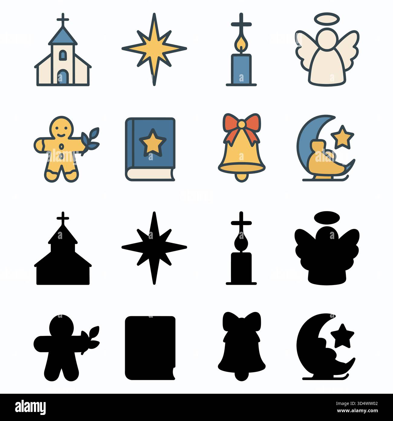 Minimaler Weihnachtsglaube und Tradition mit Kirche, Stern, Kerze, Engel, Lebkuchenmann, heiliges Buch, Glocke und Mond Symbole auf weißem Hintergrund Stock Vektor