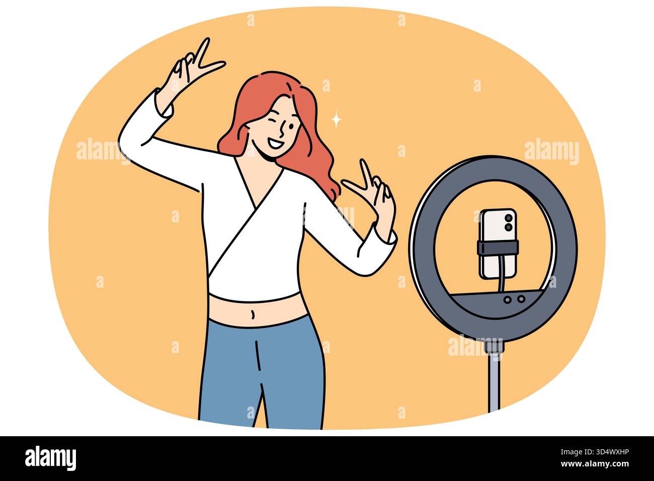 Die Bloggerin tanzt vor dem Telefon auf einem Stativ mit Ringlampe, fertig gefertigtes Video für soziale Netzwerke. Video Bloggerin Girl lächelt, während sie live aus dem Internet für Abonnenten und Fans sendet. Stock Vektor