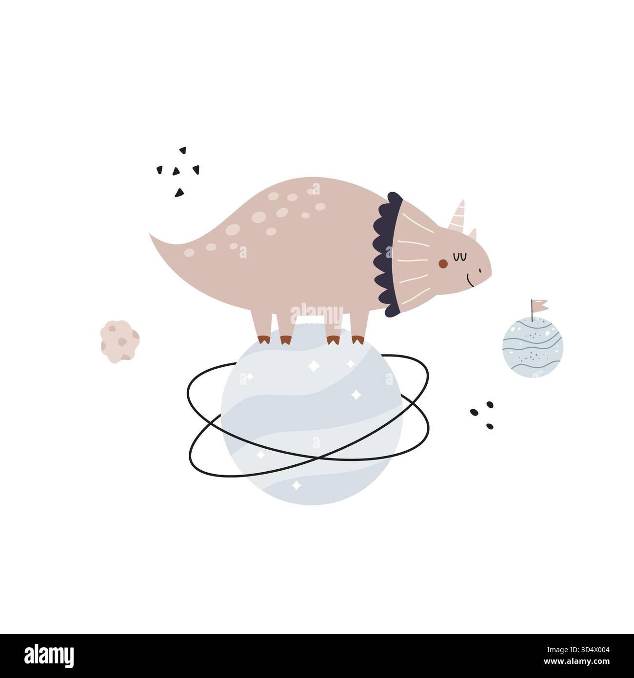 Dinosaurier triceratops stehen auf einem Planeten im Weltraum. Niedliches Design für Kinderdrucke, Rahmenbilder, Dekorationen. Stockfoto