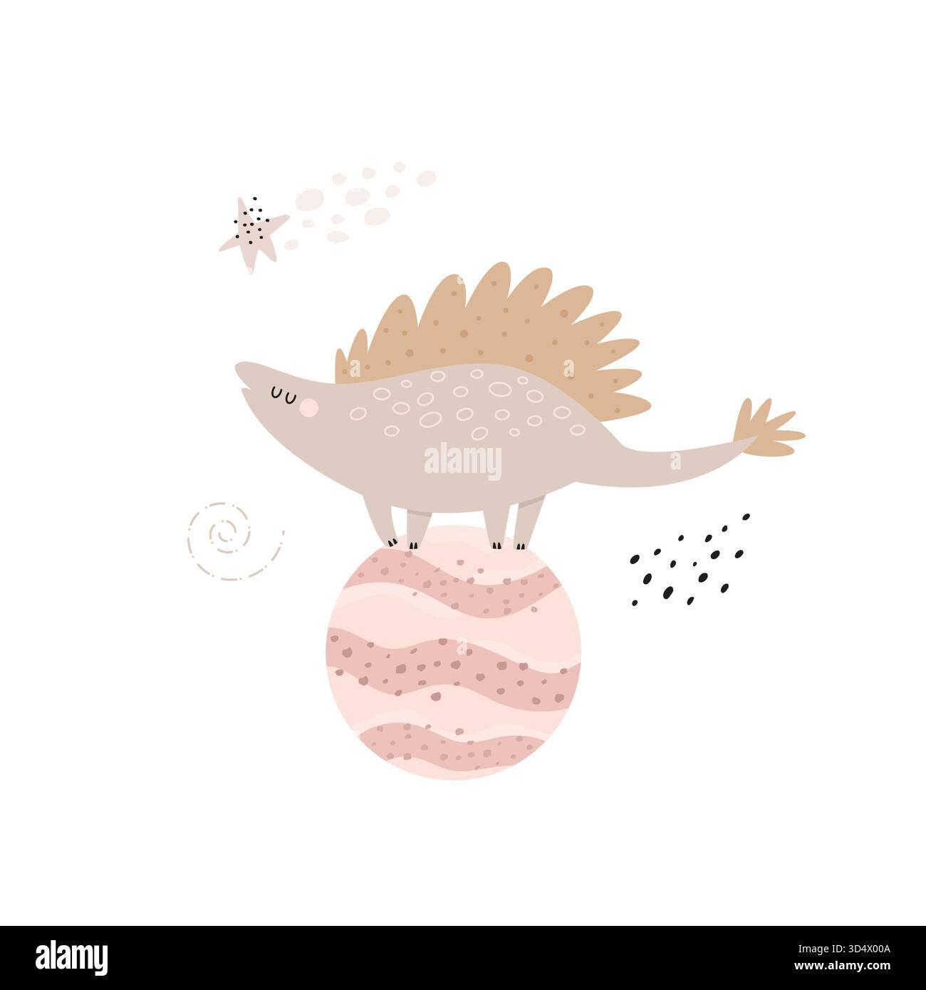 Dinosaurier, der auf einem Planeten im Weltraum steht. Niedliches Design für Kinderdrucke, Rahmenbilder, Dekorationen. Stockfoto